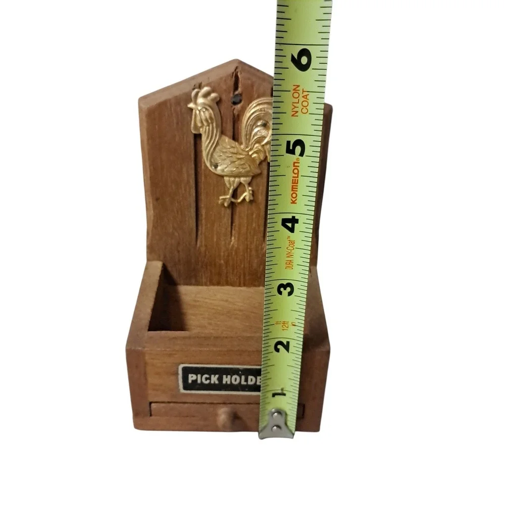 Vintage wooden toothpick dispenser/holder with a rooster emblem